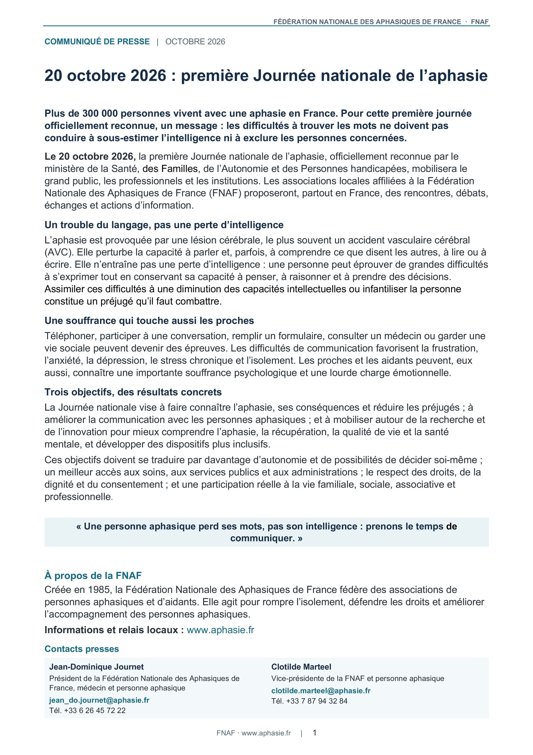 Communiqué de presse : 20 octobre 2026 : première Journée nationale de l’aphasie