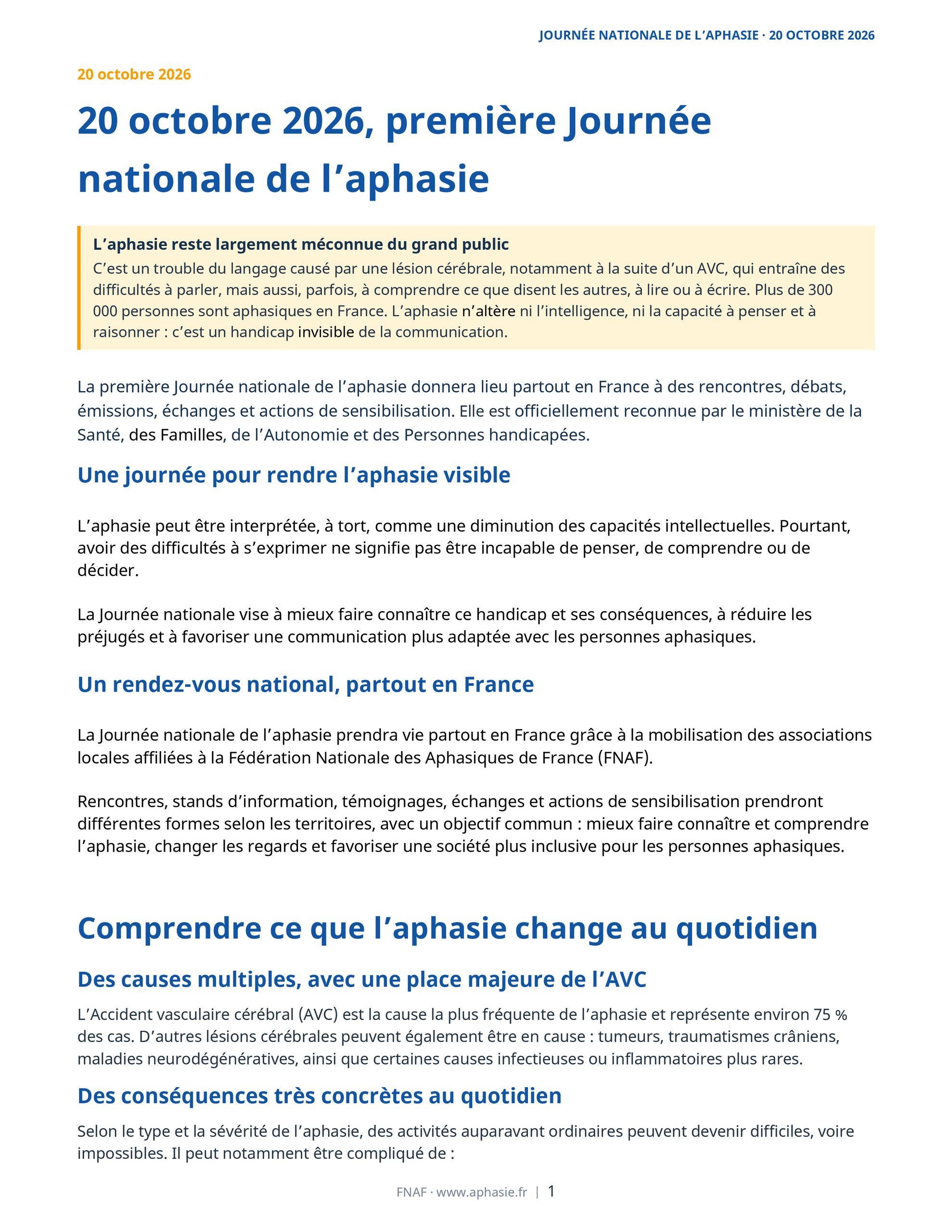 20 octobre 2026, première journée nationale de l’aphasie