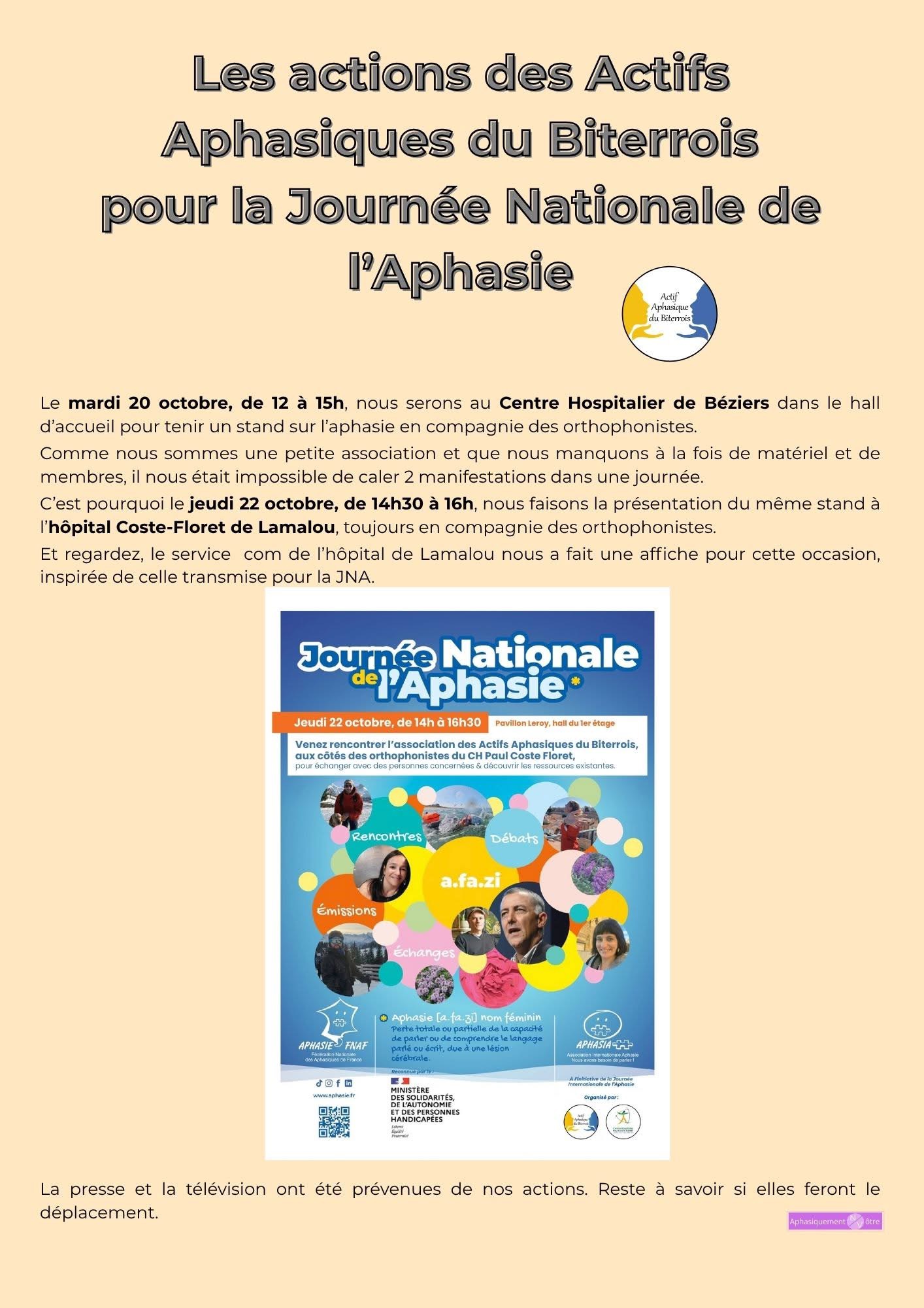 Les actions des Actifs Aphasiques du Biterrois pour la Journée Nationale de l’Aphasie